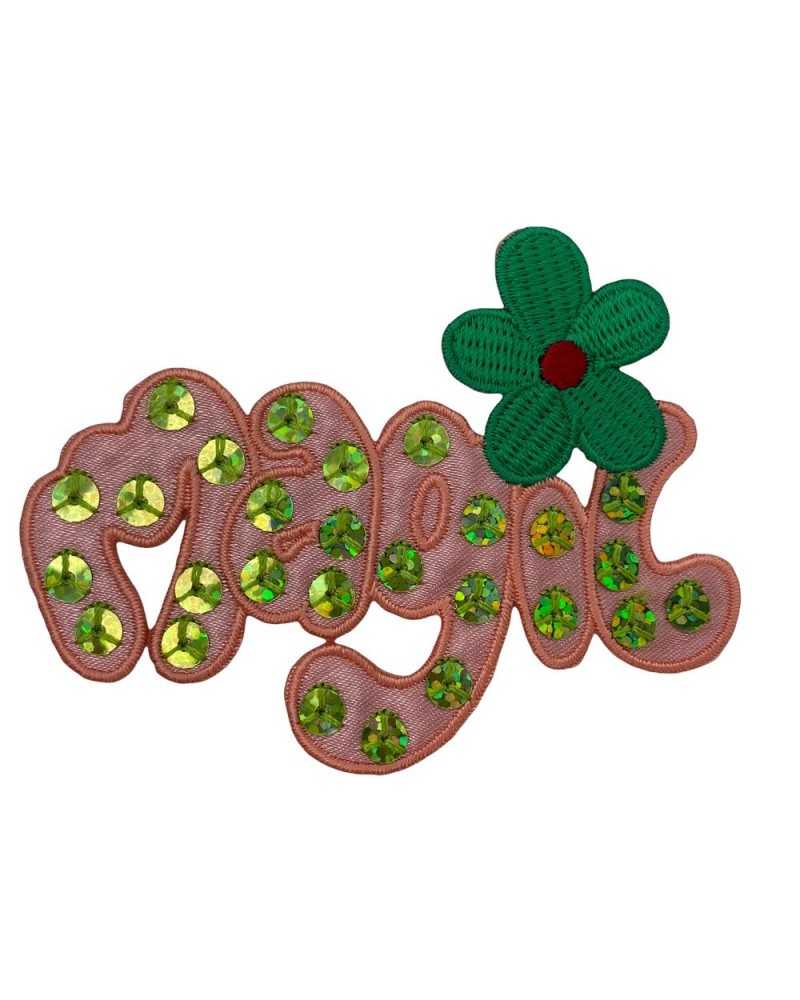 Application Écusson Thermocollant Broderie Fleur Verte Ecrit MAGIC Paillettes 70x55 Mm