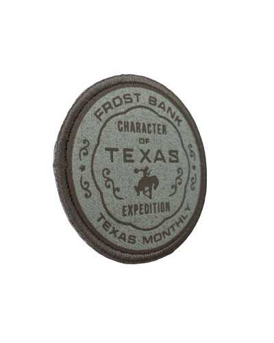 Thermoadhäsive Anwendung, runder beigefarbener Patch mit Aufschrift „Texas“, 45 mm
