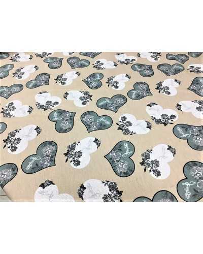 Tela tapizar panamá estampada alto 280 cm gris y corazones blancos