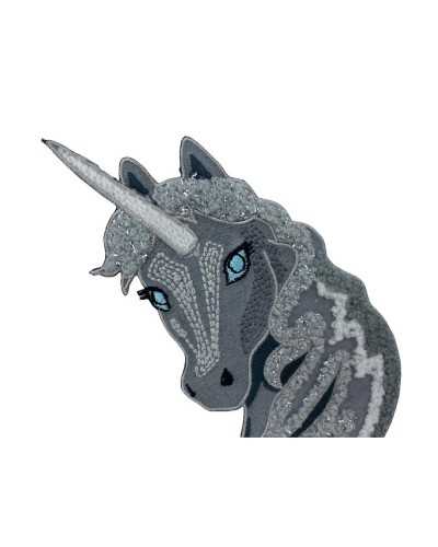 Application Thermocollante Ecusson Marbet Licorne Grise Yeux Turquoise Brodé 14x8 Cm