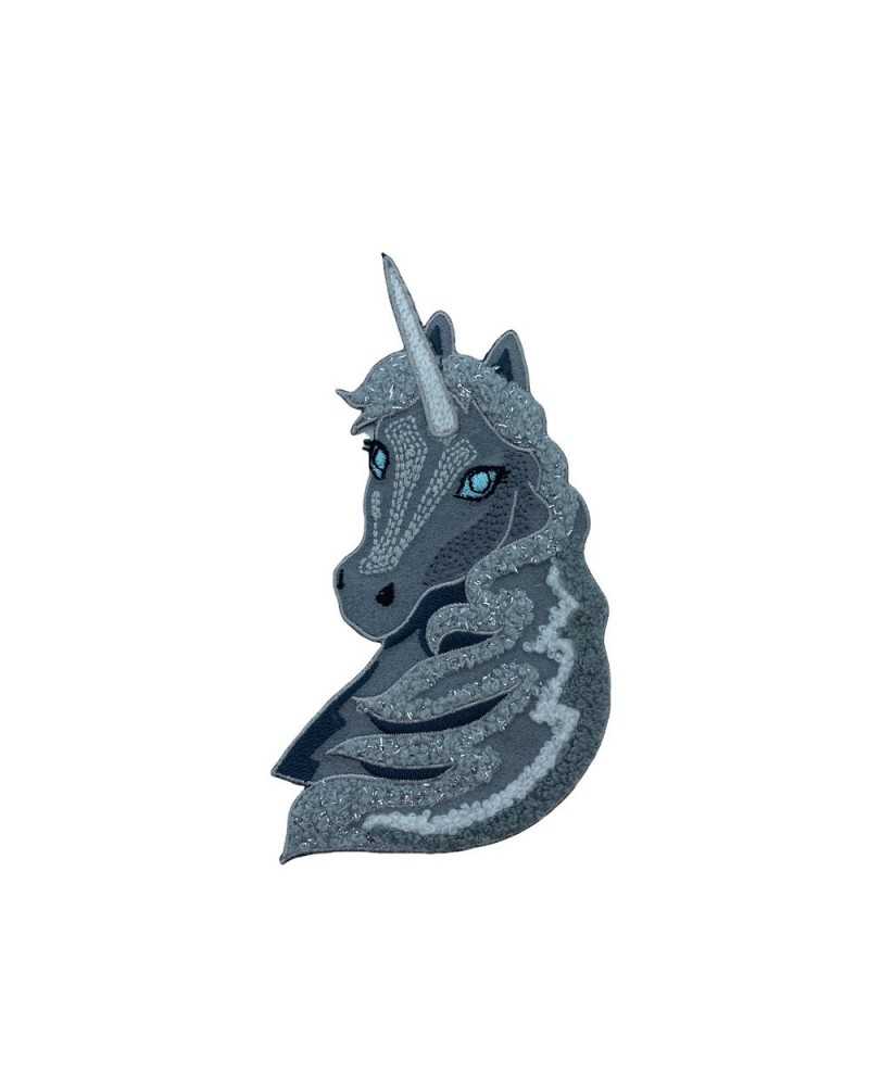 Application Thermocollante Ecusson Marbet Licorne Grise Yeux Turquoise Brodé 14x8 Cm