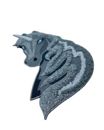 Thermoadhesive Application Patch Marbet Gray Unicorn Embroidered Turquoise Eyes 14x8 Cm