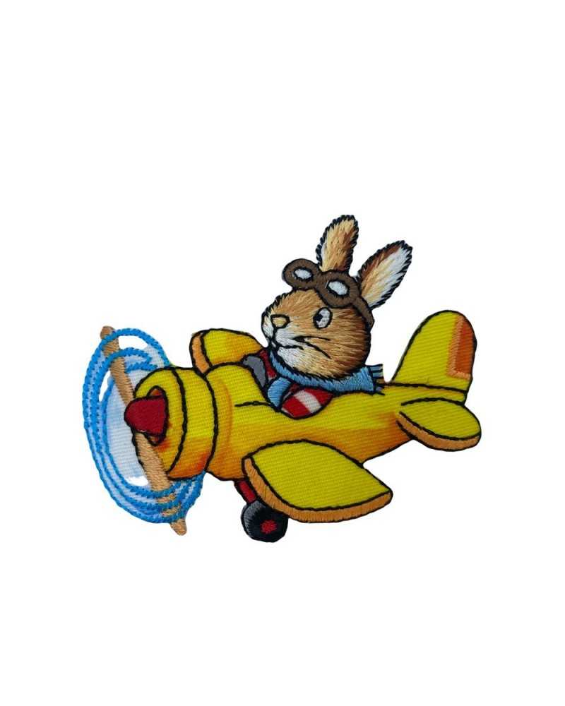Iron-on Application Patch Embroidery Rabbit Airplane Yellow 7x6 Cm