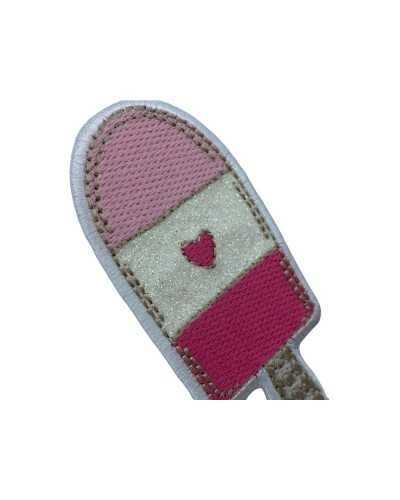 Thermoadhäsiver Applikationspatch, Stickerei, Eiscreme, Glitzer, hohes rosa Herz, 80 x 35 mm