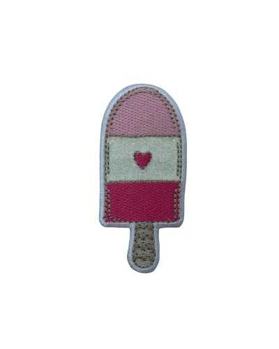 Thermoadhäsiver Applikationspatch, Stickerei, Eiscreme, Glitzer, hohes rosa Herz, 80 x 35 mm