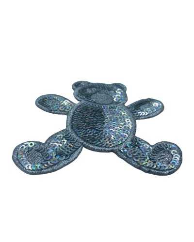 Aplique Termoadhesivo Oso Lentejuelas Parche Bordado Plata Lurex Alto 75 Mm