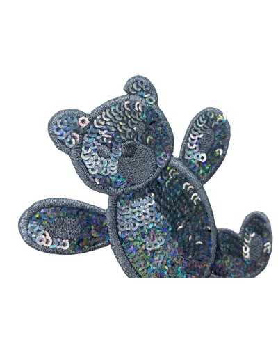 Application Thermocollante Ours Paillettes Patch Broderie Argent Lurex Haut 75 Mm