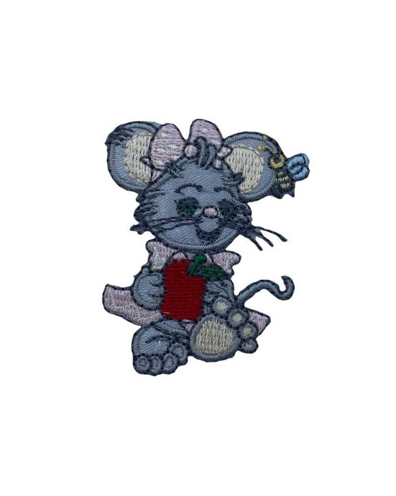 Application Ecusson Mickey Mouse Noeud Rose Gris Satin Broderie Pomme 5x4 Cm