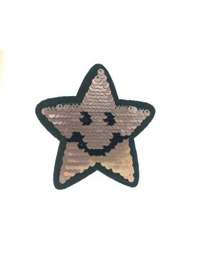 Ecusson Thermocollant Étoile Souriante Paillettes Réversibles Rose Argenté 9x9 cm
