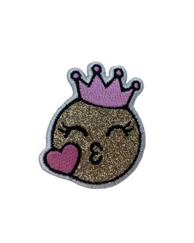 Aufnäher zum Aufbügeln, Baby-Stickerei, rund, Lächeln, Krone, Herz, Glitzer, 55 x 45 mm