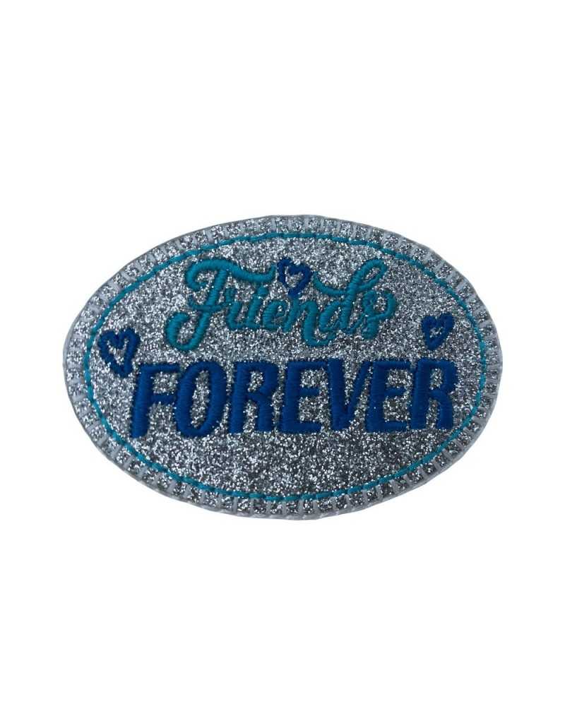 Application Écusson Thermocollant Broderie Paillettes Argent Friends Forever 65x45 Mm
