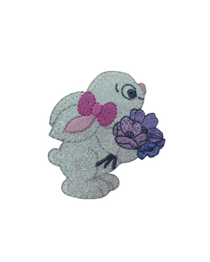 Applicazione Termoadesiva Ricamo Glitter Patch Coniglio Fiocco Fiori 55x50 Mm