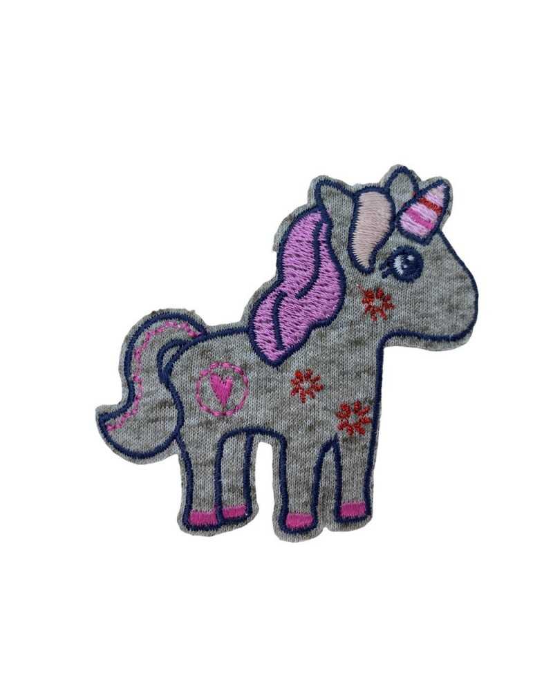 Anwendung Aufnäher zum Aufbügeln, babygrauer Jersey-Stoff, Einhorn-Stickerei, 7 cm