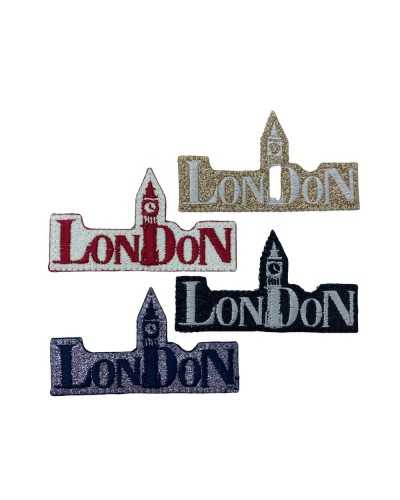 Thermoadhäsiver Applikationspatch mit glitzerndem Lurex, bestickt mit der Aufschrift „London“, 70 x 45 mm