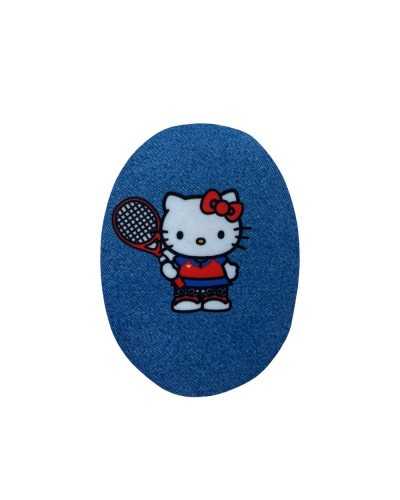 Thermoklebender Applikationsflicken, oval, bedruckt, Jeans, Hello Kitty, 11 x 8 cm