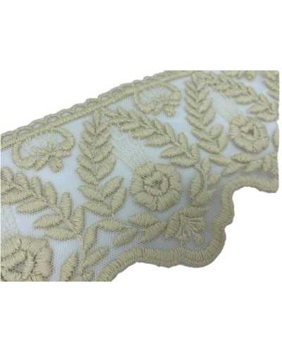 Pasamanería Encaje Tul Bordado Espiga Flor Mano Algodón Mate Alto 11,5 Cm