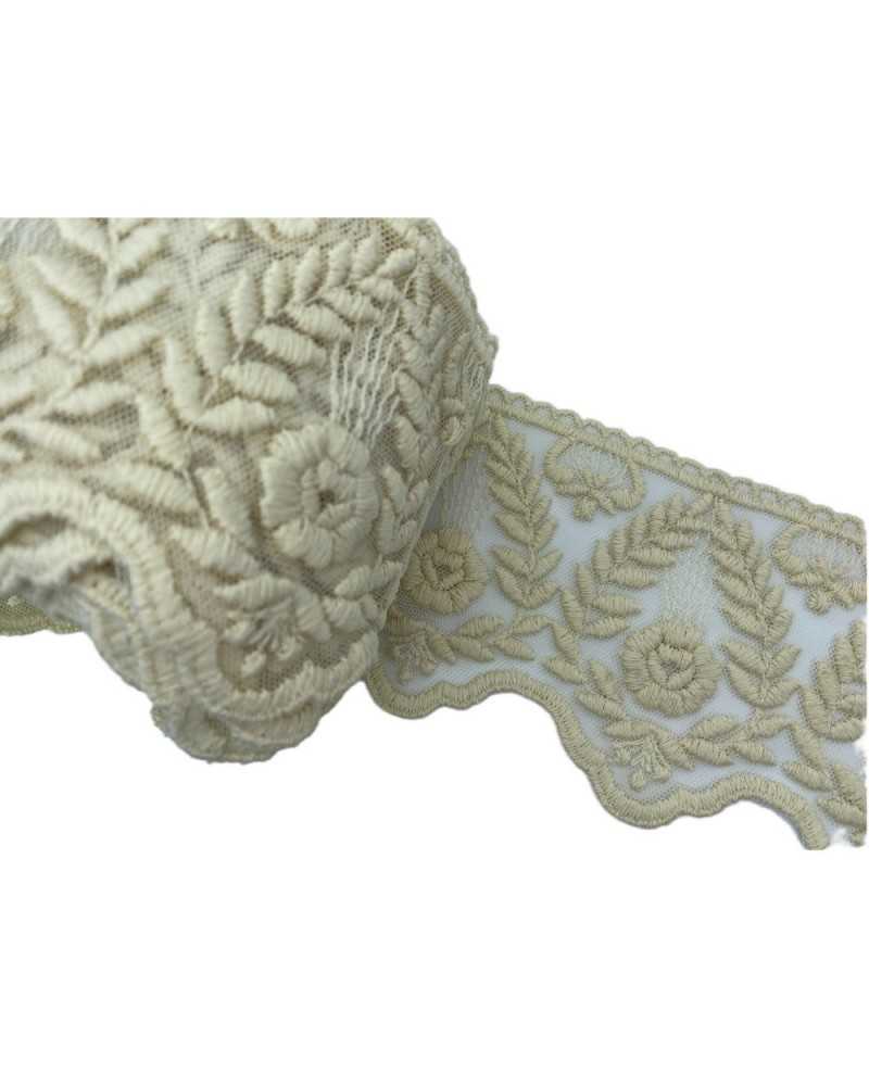 Pasamanería Encaje Tul Bordado Espiga Flor Mano Algodón Mate Alto 11,5 Cm