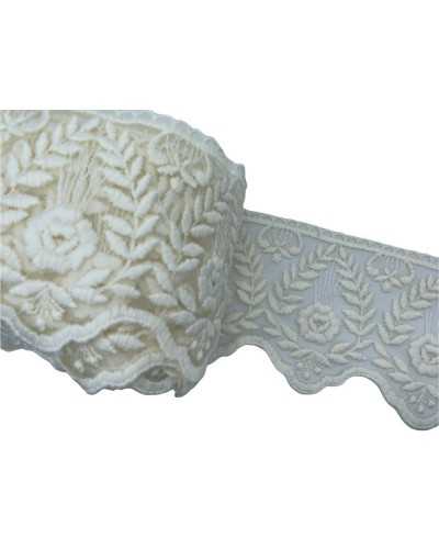 19,50 Mt Pasamanería Encaje Tul Bordado Espiga Flor Mano Algodón Mate Alto 11,5 Cm