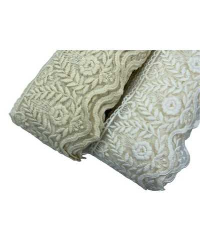 19,50 Mt Pasamanería Encaje Tul Bordado Espiga Flor Mano Algodón Mate Alto 11,5 Cm