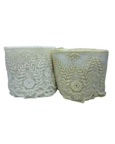 Pasamanería Encaje Festoneado Tul Bordado Espiga Flor Mano Algodón Mate Alto 20 Cm