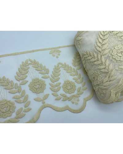 Passamaneria Merletto Smerlato Tulle Ricamo Spiga Fiore Mano Cotone Matto Alto 20 Cm