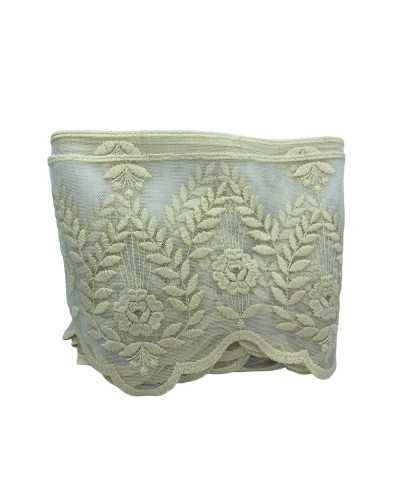 19.50 Mt Passementerie Dentelle Festonnée Tulle Brodé Spike Fleur Main Coton Mat Haut 20 Cm
