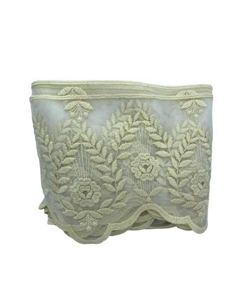 19.50 Mt Passementerie Dentelle Festonnée Tulle Brodé Spike Fleur Main Coton Mat Haut 20 Cm