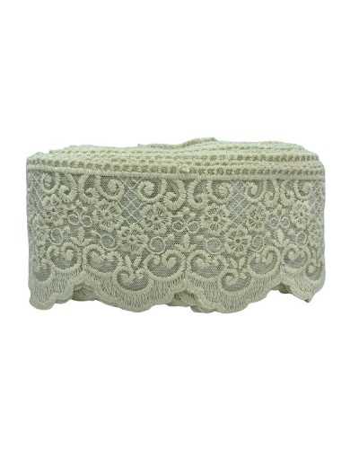 Besatz Spitze, Tüllspitze, Stickerei, Blumenschnörkel, gewellt, handmatt, Baumwolle, Höhe 12 cm