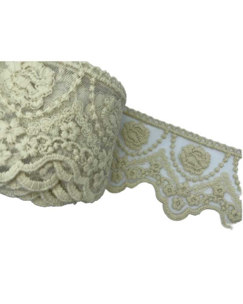 Passementerie Dentelle Tulle Pointu Broderie Fleur Rose Festonné Petites Fleurs Main Coton Mat Haut 12 Cm