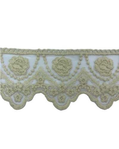 Passementerie Dentelle Tulle Pointu Broderie Fleur Rose Festonné Petites Fleurs Main Coton Mat Haut 12 Cm