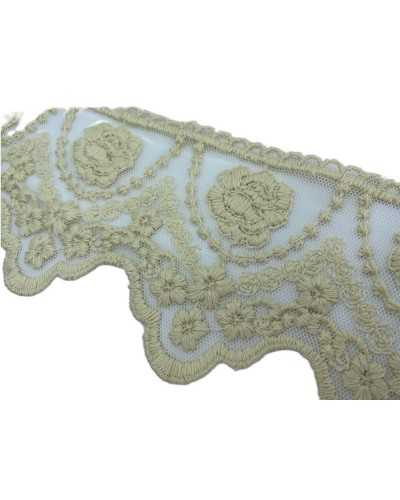 Passementerie Dentelle Tulle Pointu Broderie Fleur Rose Festonné Petites Fleurs Main Coton Mat Haut 12 Cm