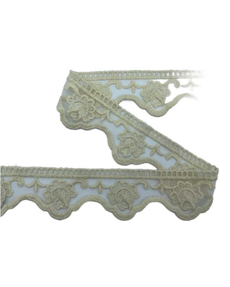 Passamaneria Merletto Tulle Punta Ricamo Fiore Giglio Bocciolo Smerlato Mano Cotone Matto Alto 6 Cm