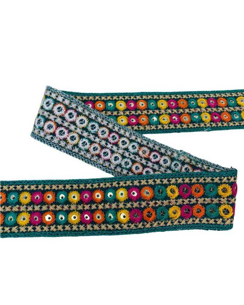 50 cm Verzierungen, Bordüre, Trennband, Stickerei, Kreise, zweireihig, farbig, kleine silberne Pailletten, Höhe 3,5 cm