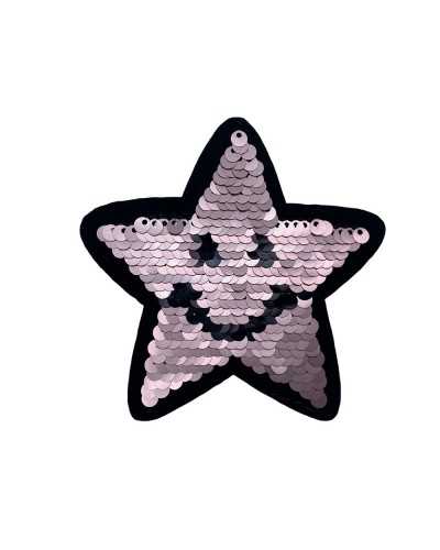 Parche Termoadhesivo Estrella Sonriente Lentejuelas Reversibles Rosa Plata 9x9 Cm