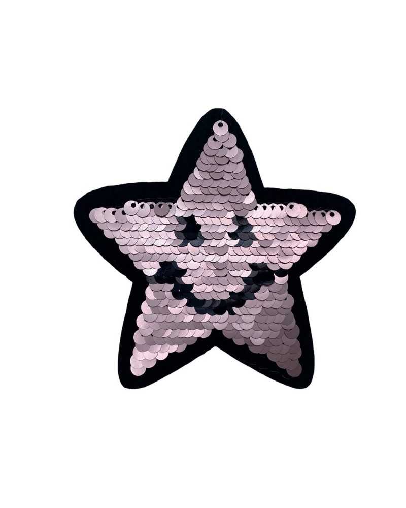 Ecusson Thermocollant Étoile Souriante Paillettes Réversibles Rose Argenté 9x9 cm