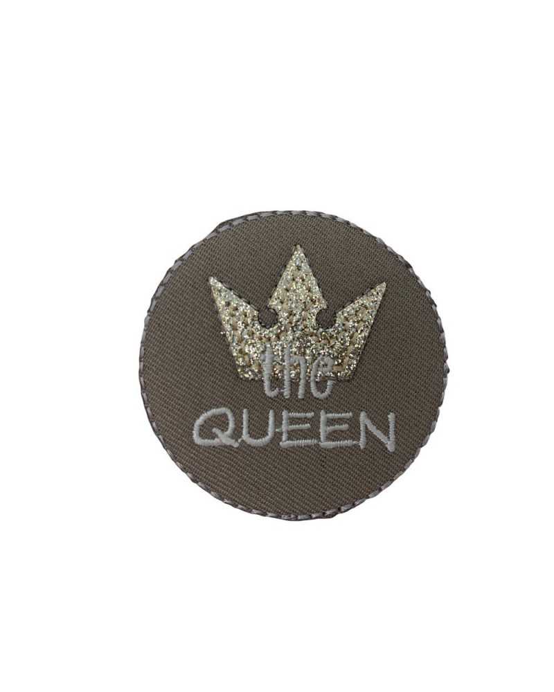 Aufnäher zum Aufbügeln, rund, goldene Glitzerkrone mit Aufschrift „Queen“, 5 x 5 cm