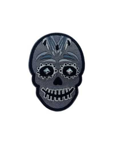 Iron-on Application Patch Skull Eyes Studs Silver Lurex Embroidery 9x6 Cm