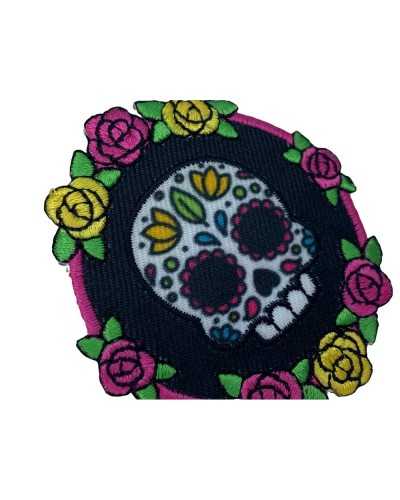 Parche Aplicación Termoadhesivo Marbet Base Negra Bordado Coloridas Calaveras Flores 55x60 Mm