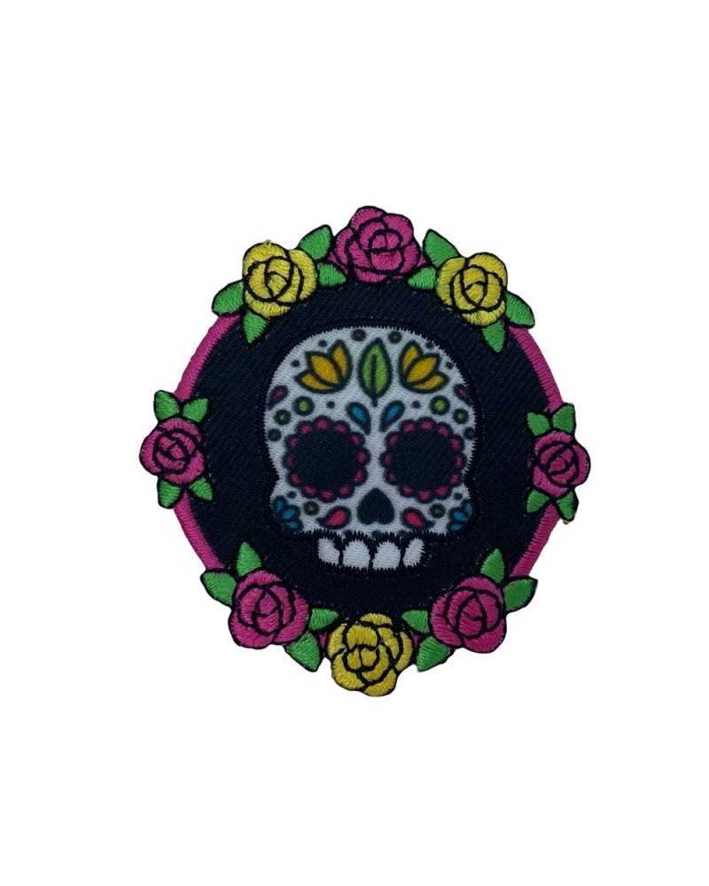 Parche Aplicación Termoadhesivo Marbet Base Negra Bordado Coloridas Calaveras Flores 55x60 Mm