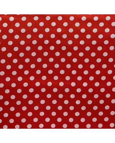 Tessuto raso carnevale stampato mini pois bianco fondo rosso minni alto 150 cm