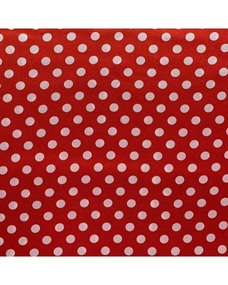 Tessuto raso carnevale stampato mini pois bianco fondo rosso minni alto 150 cm