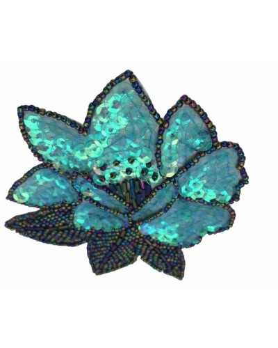 Ecusson Thermocollant Application Broderie Fleur Paillettes Perle 11x10 Cm