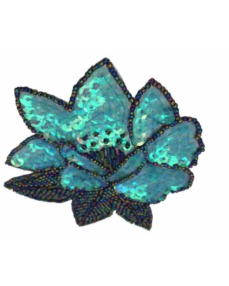 Applicazione Patch Termoadesiva Ricamo Fiore Paillettes Perlina 11x10 Cm