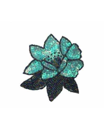 Applicazione Patch Termoadesiva Ricamo Fiore Paillettes Perlina 11x10 Cm