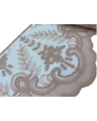 Besatz, gewellte Spitze, Tüll, Stickerei, puderrosa, handgestickte Blume, matte Baumwolle, 20 cm hoch