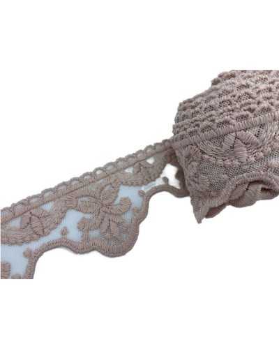 Besatz, gewellte Spitze, Tüll, Stickerei, puderrosa, handgestickte Blume, matte Baumwolle, 6 cm hoch