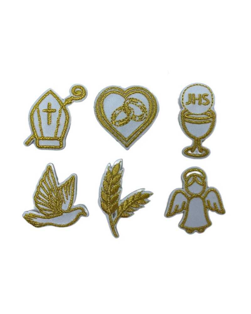 6 Stück Aufnäher zum Aufbügeln Kreuz Heilige Kirche Gold Lurex hoch 35 mm