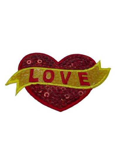 Thermo-adhesive patch marbet sequins red and yellow love heart embroidery 45x65 mm