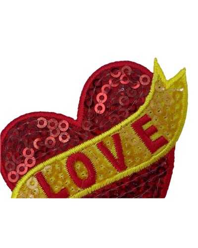 Thermoklebender Patch mit Marbet-Pailletten, roter und gelber Liebesherz-Stickerei, 45 x 65 mm