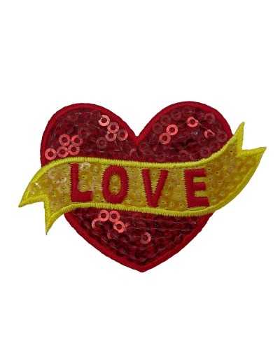 Thermoklebender Patch mit Marbet-Pailletten, roter und gelber Liebesherz-Stickerei, 45 x 65 mm
